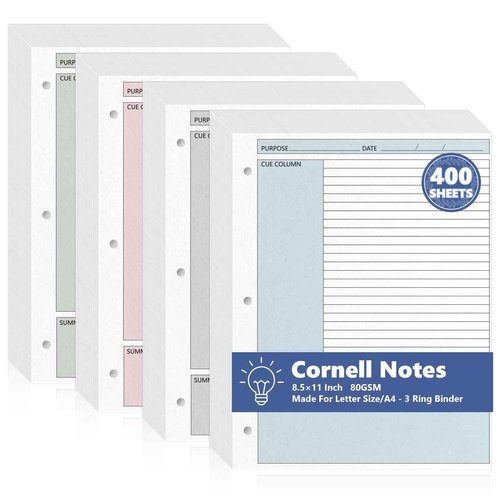 400 Sheet Colored Cornell Notes Loose Leaf Paper 8.5×11 Inch for 3 Ring Binder College Ruled Notebook Refill Paper Bulk Taking System Filler Paper Letter Size for School Office Business Home 80gsm