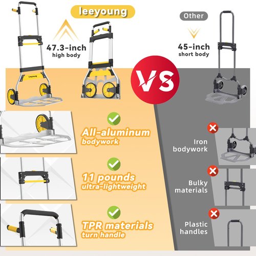 Aluminum Folding Hand Truck 309lb Capacity - Collapsible Dolly Cart with 47.3" Adjustable Handle, TPR Wheels & Portable Hand Truck Design, 11lbs Lightweight Storage Solution (No Assembly)