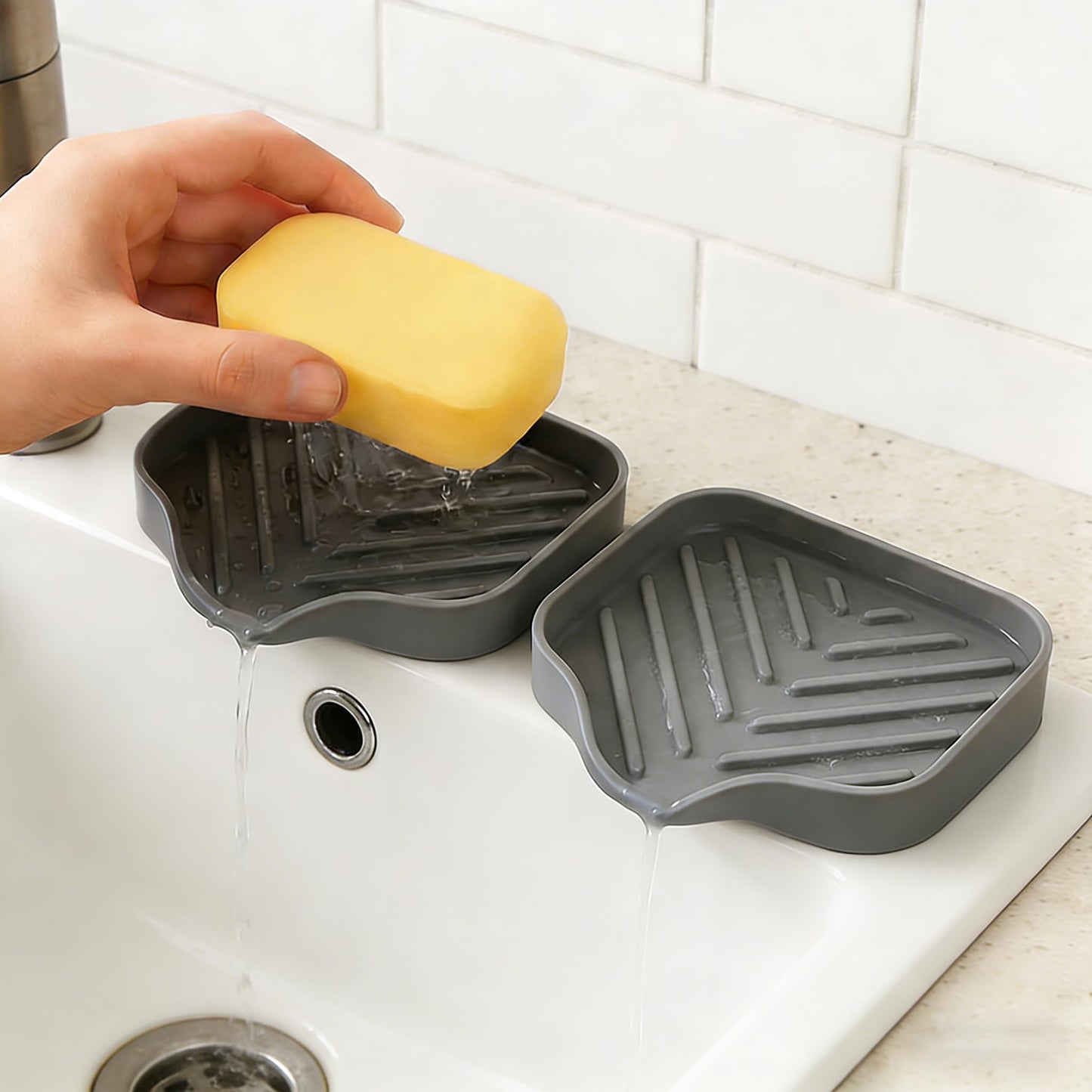 2 Pack Silicone Soap Dish with Self-Draining Spout - Bar Soap Holder for Shower & Bathroom, Kitchen Sink Sponge Holder & Countertop Organizer Tray, Easy Clean & Non-Slip (Grey)