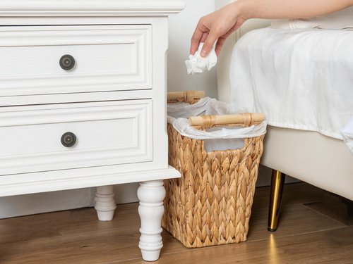 StorageWorks Wicker Waste Basket with Wooden Handles, Bathroom Trash Can, Wicker Trash Can for Bedroom, Office, Living Room, 12 Liters, 1 Pack