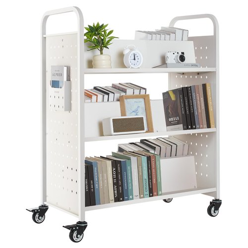VEVOR Rolling Library Book Cart, 330 lbs Capacity, 38.2 x 20.3 x 48.2-Inch Library Cart, Double Sided W-Shaped Shelves with 3-Inch Lockable Wheels, Book Truck for Home Shelves Office and School, White