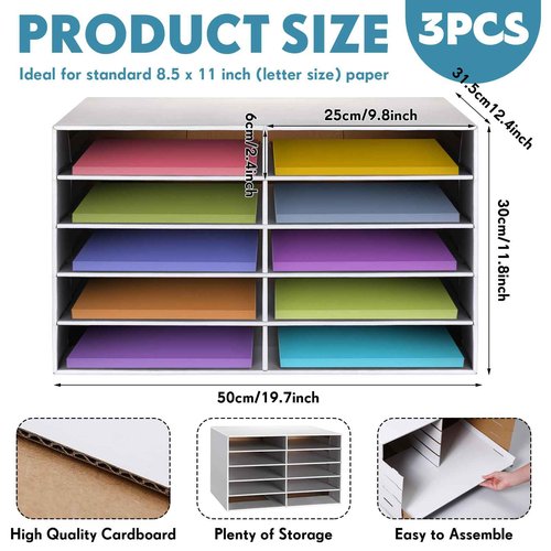 Fuutreo 3 Pcs Classroom Paper Storage Organizer Construction Paper Storage Desktop Mailbox File Sorter Sturdy Cardboard Literature Organizer for Home Office School White 19.7 x 12.4 x 11.8 Inch