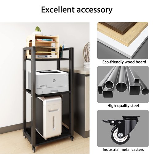 Natwind 3-Tier Movable Printer Stand with Storage Rolling Floor-Standing Deskside Shredder Computer Host Stand Adjustable Storage Shelf Rack on Wheels for Office Supplies Fax Scanner File Book (Black)