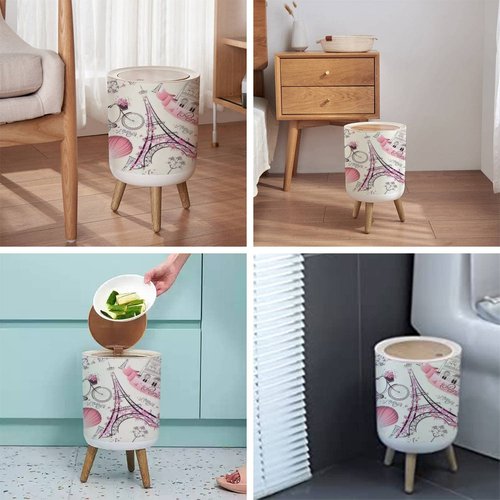 LGCZNWDFHTZ Small Trash Can with Lid for Bathroom Kitchen Office Diaper Paris Symbols Seamless Romantic Travel Paris Bedroom Garbage Trash Bin Dog Proof Waste Basket Cute Decorative, 8.66x14.3inch