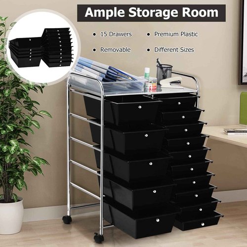 MEDIMALL 15 Drawers Rolling Storage Cart, Multipurpose Craft Storage Cart with Wheels, Mobile Tools Scrapbook Paper Organizer Cart for School Home Office Use (Black)
