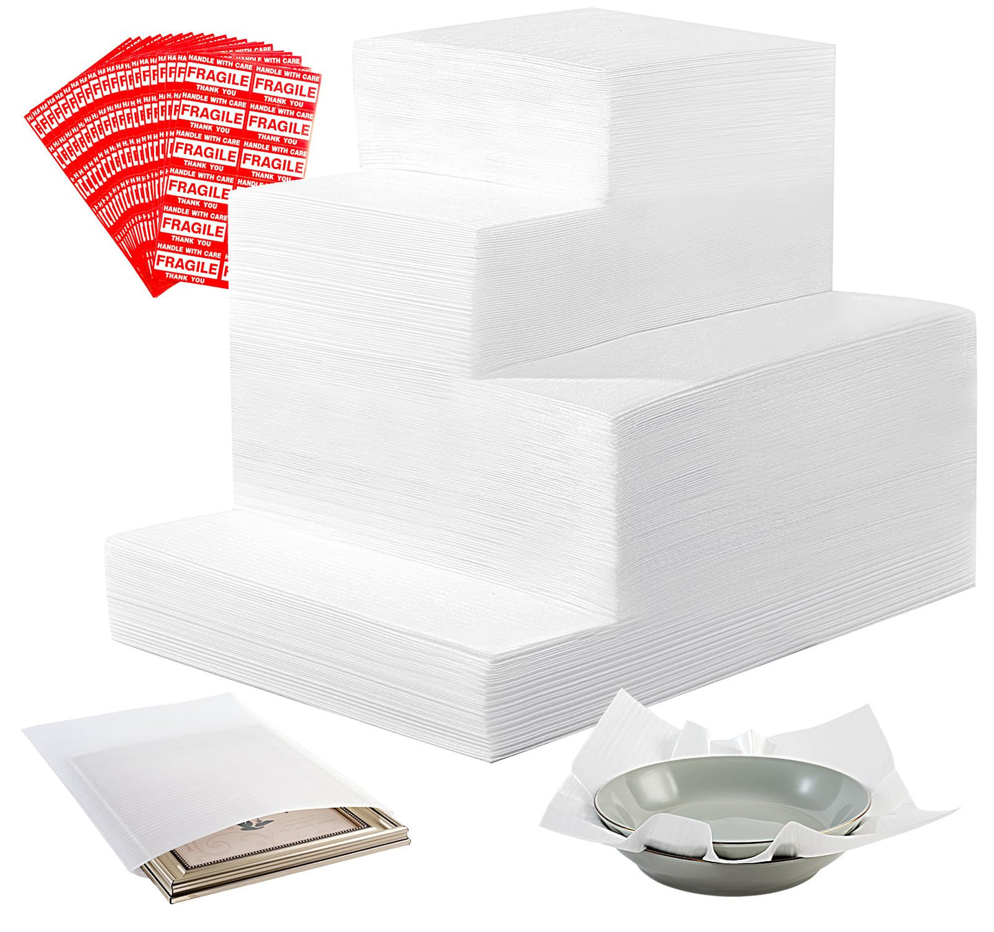 515Pcs Dish Packing Supplies for Moving, 275 Cushion Foam Pouches & Sheets 4 Sizes (7.8"x7.8", 12"x7.8", 12"x12", 16"x12") with 240 Fragile Stickers Plate Packing Sleeves for Moving, Shipping, Storage