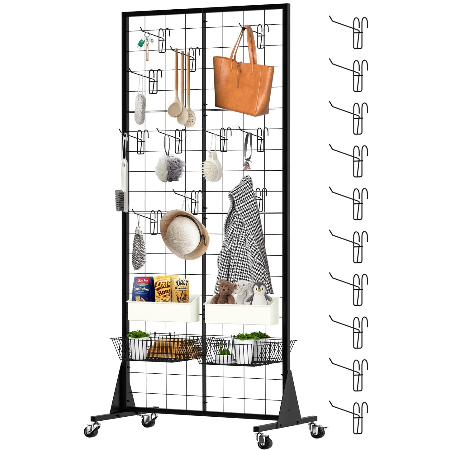 DEYEGELEA 2'x5.5' Ft Gridwall Panel Display Stands Heavy Duty Floor Standing Retail Display Rack with Triangle Base for Retail Art Show With 10 Hooks