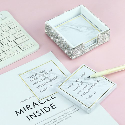Buqoo Sticky Note Holder, White Marble Bling Crystal Rhinestone Handmade Memo Cube, 4 x 4 inch Post It Notes Holder Dispenser Organizer, Bedazzled Pad Holder Office Accessories Supplies for Women