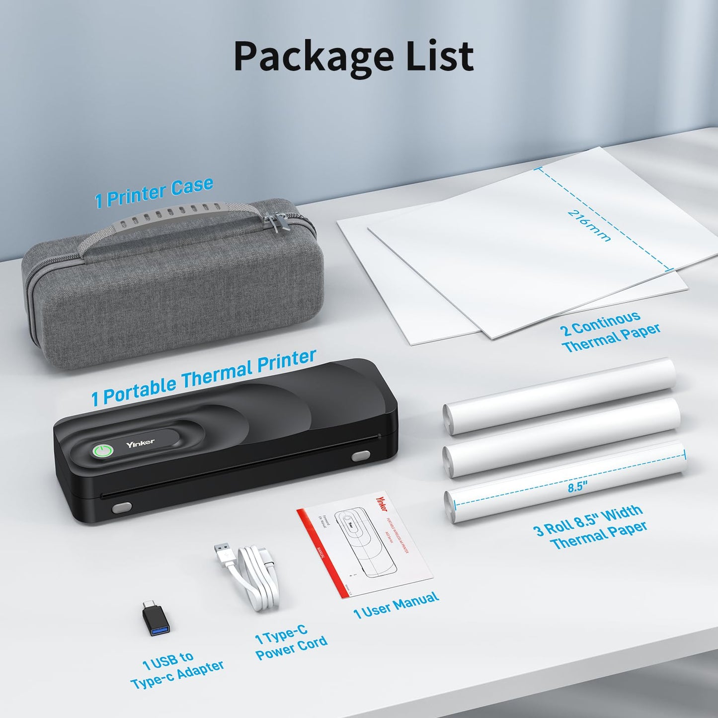 Yinker Portable A4 Thermal Printer | 3 Rolls Thermal Paper & 2 Folding Papers Included | Inkless Bluetooth Printer w/Carry Case, Supports 8.5"x11" US Letter, Cellphone APP Compatible for Travel