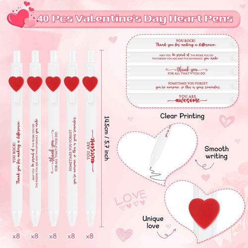 Jetec 40 Sets Valentines Pens Bulk Heart Employee Appreciation Gifts Inspirational Ballpoint Pen with Thank You Card Funny Pink Valentine Favors for Staff Teacher Nurse Office Supplies (Motivational)