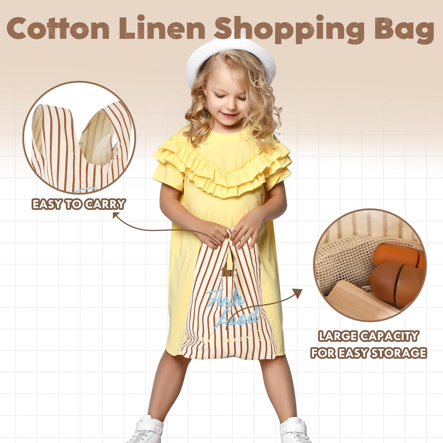 Lehoo Castle Wooden Play Food Sets for Kids Kitchen, Grocery Food Toys for Toddlers 3+ Year Old, Cutting Fruits Vegetables Meat Fish Shopping Bag, Pretend Play Kitchen Accessories Gift for Boys Girls