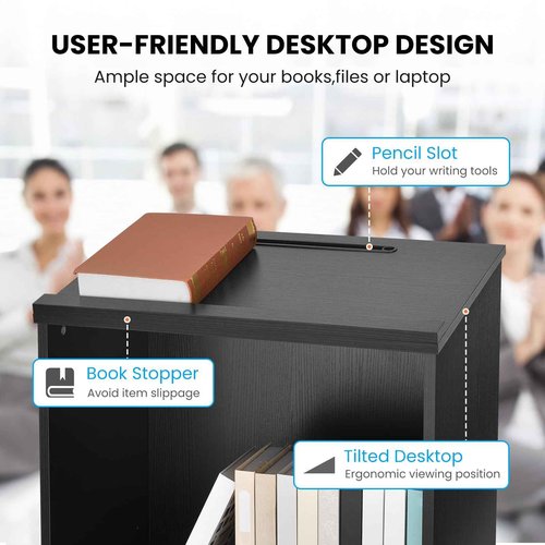 QuicMiou Podium Stand Freestanding Lectern Reception Desk with 4 Wheels, for Speaker with 2 Storage Shelves for Pulpits, Churches, Restaurants, and Classrooms (Black)