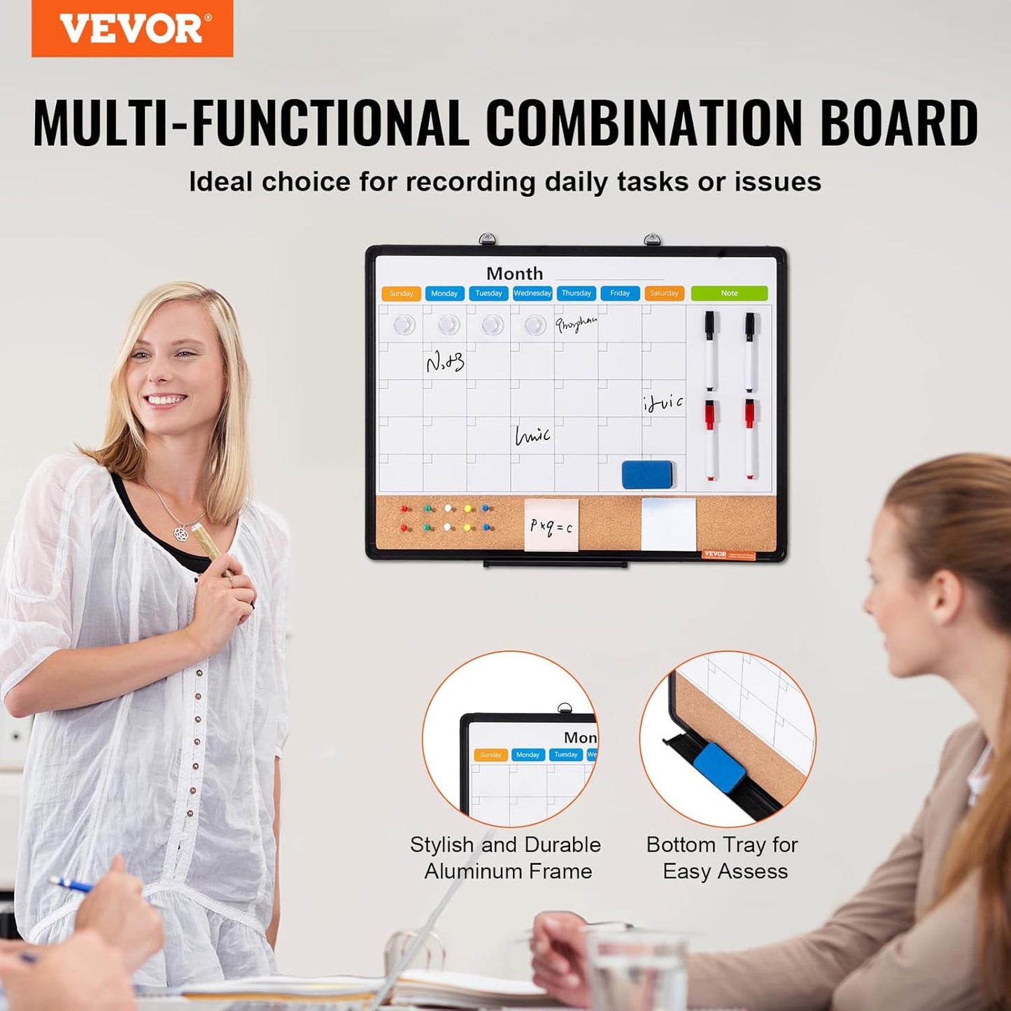 VEVOR Monthly Calendar Whiteboard & Cork Board Combo - 24"x18" Magnetic Dry Erase Bulletin Board for Home, Office, School