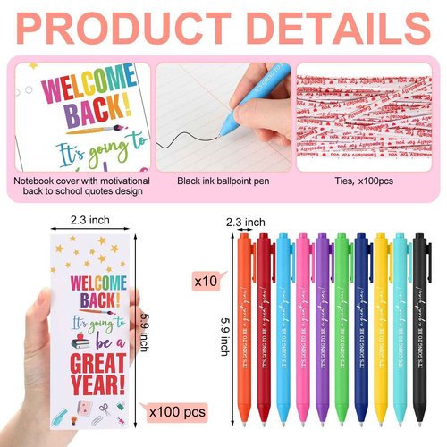 MotiMind 100 Set Welcome Back To School Supplies Gift Bulk Include Greeting Card with Tie and Inspirational Ballpoint Pen First Day of School Gift for Student Classmate Teacher Classroom (Vivid Color)