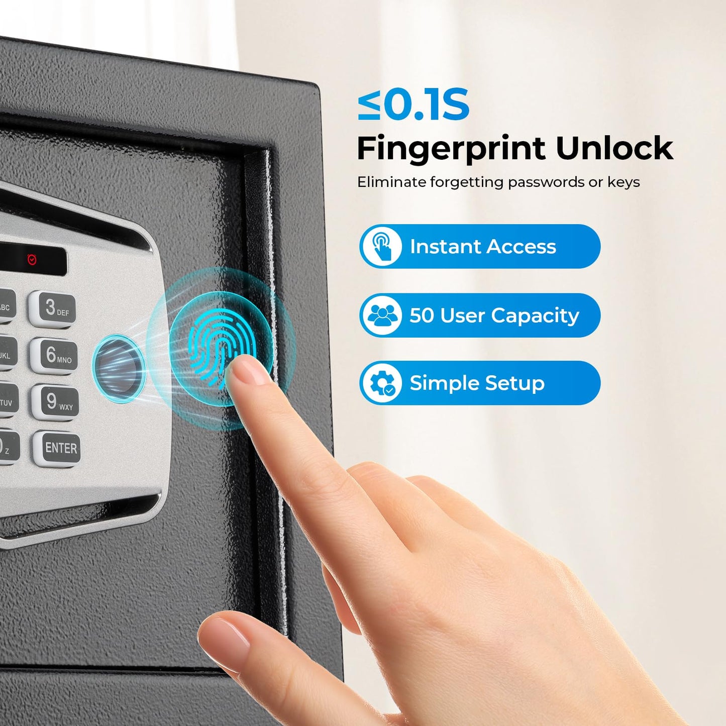 MUNBYN Smart Biometric Fingerprint Safe, 3-Way Access Lock Box with Electronic Keypad, Display Screen & USB-C Port, Small Caja Fuerte with Anti-Rust and Anti-Theft for Home & Office, Cash, Document
