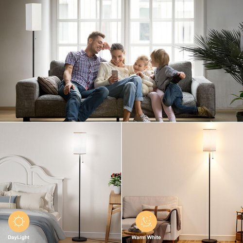 Ziisee Floor Lamps for Living Room, Modern Standing Lamp with Pull Chain Switch, 3 Color Temperature Black Pole Lamp with Lampshade, 9W LED Bulb Tall Lamps for Bedroom Office Kid Room