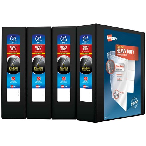Avery Heavy-Duty View 3 Ring Binder, 2" One Touch Slant Rings, Holds 8.5" x 11" Paper, 4 Black Binders (79872)