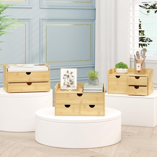 Wisuce Bamboo Desk Drawer Organizer, 2 Drawer Desktop Organizer with Drawers Tabletop Storage Organization Box for Office Home Toiletries Supplies Vanity, No Assembly Required