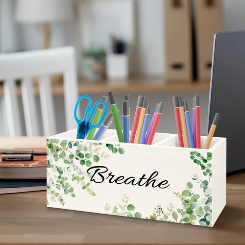URLLUAE Sage Green Eucalyptus Breathe Makeup Brush Toothbrush Holder Organizer for Bathroom, Green Botanical Wooden Pen Pencil Holder for Office Desk Accessories