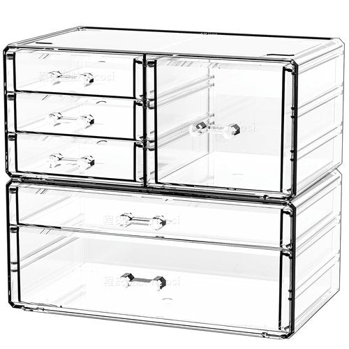 Cq Acrylic Desk Organizer - 2 Pack Clear Stackable Design with 6 Drawers for Skincare & Jewelry Storage