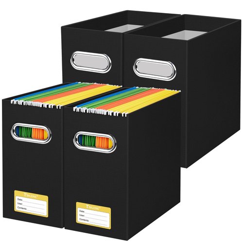 BALEINE File Organizer Box, Cardboard File Folder Organizer with Handle for Letter Size, Portable Collapsible Hanging Filing Box for Home Office Document Storage (4 Pack, Black)