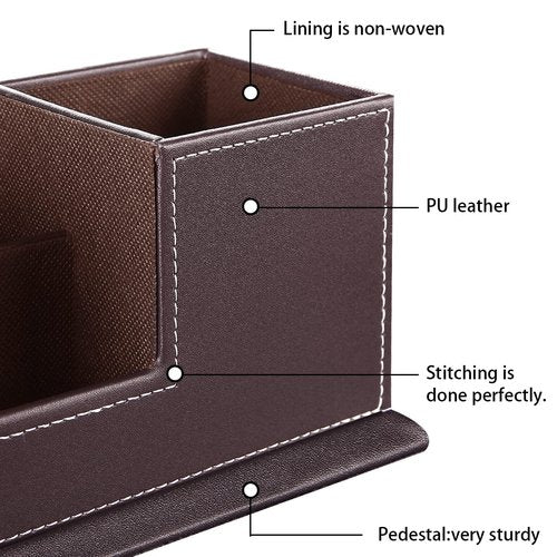 PUSU Desk Pencil Holder, PU Leather Pen Holder for Desk, Executive Desk Organizers and Accessories, Multifunctional Desk Organizer with 4 Compartments Storage Business Card/Pen/Pencil/Phone/Stationery