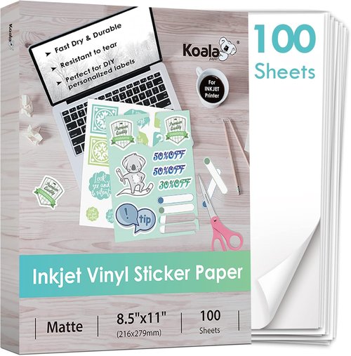 Koala Printable Vinyl Sticker Paper - 100 Sheets Matte White Waterproof 8.5x11 Inch for Inkjet Printers