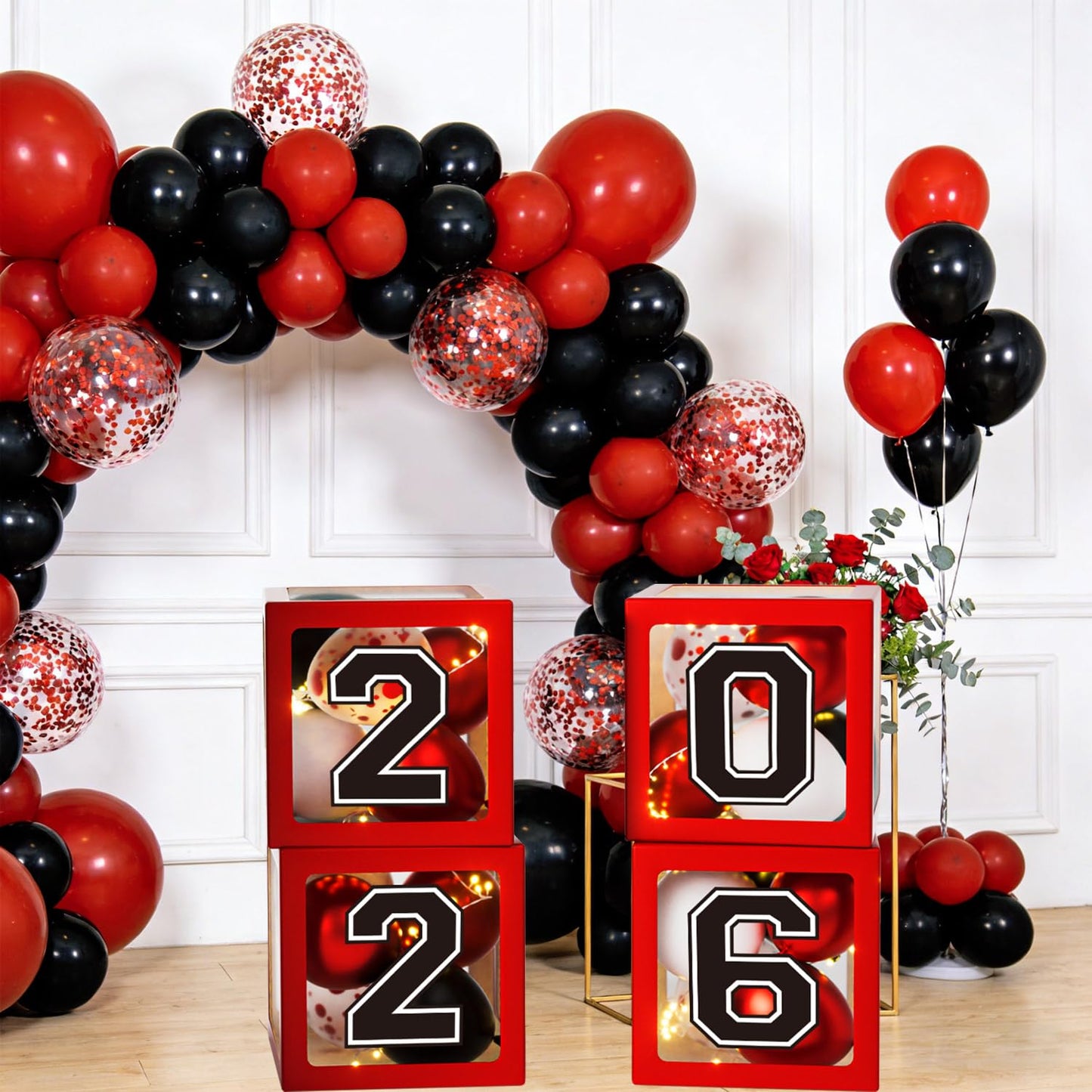 Graduation Decorations Class of 2026, Red and Black Graduation Decorations, Balloons Boxes (4PCS) with Letters 2026 GRAD So Proud of You, Congrats Grad Decorations for High School & College