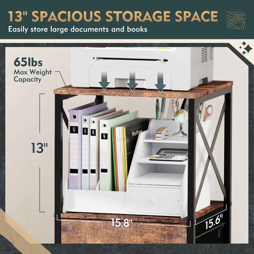 Vestibk 3 Drawers File Cabinet, Vertical Filing Cabinets for Home Office, Drawer with Adjustable Hanging Rail, A4/Letter Size Hanging File Folders, Open Shelf, Mobile Printer Stand, Rustic Brown