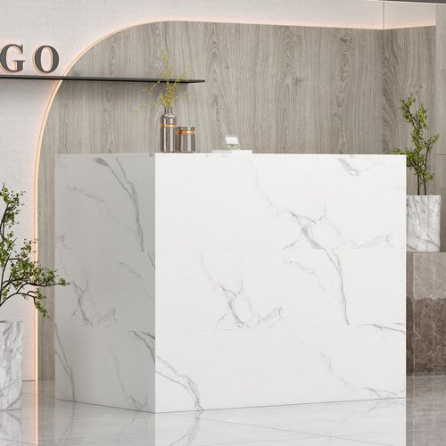 AIEGLE Reception Desk with Counter Drawers & Storage Shelves, L-Shaped Reception Counter Table for Salon Reception Room Checkout Office, Marble White (55.9" L x 32.3" W x 48.4" H)