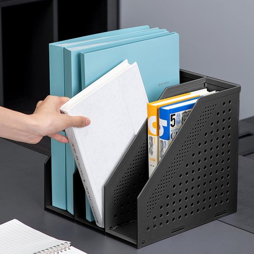 SAYEEC 2Pcs Collapsible Plastic Magazine File Holder Vertical Binder Storage Organizer for Desk Sturdy Upright Desktop Magazine Organizer Folder Rack for Office School Home (3 Compartments, Black)