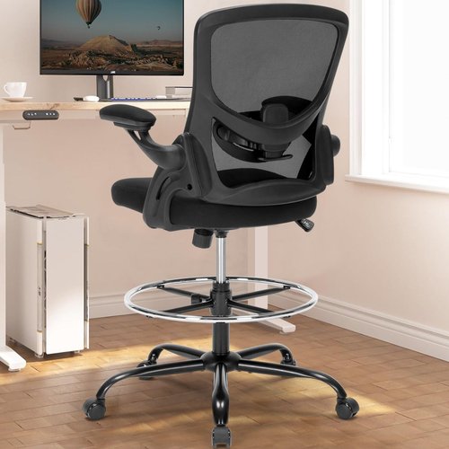 Chairoyal Drafting Chair, Ergonomic Standing Desk Chair with Flip-up Armrests, Tall Office Chair for Standing Desk, Counter Height Office Chairs with Footrest and Adjustable Lumbar Support, Black