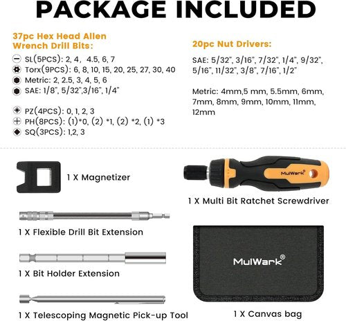 MulWark 63PC Magnetic Ratcheting Screwdriver Bit Set - Versatile Multibit Driver with Slotted, Torx, Hex, Philips & More