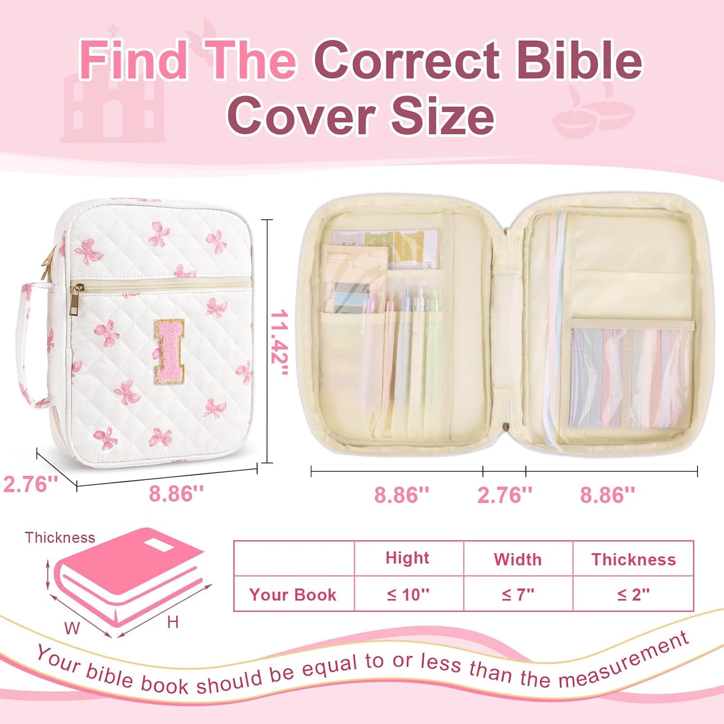 Skiennix Personalized Initial Bible Cover Case - Large Quilted Design with Handle, Stylish Pink Bow for Women & Kids