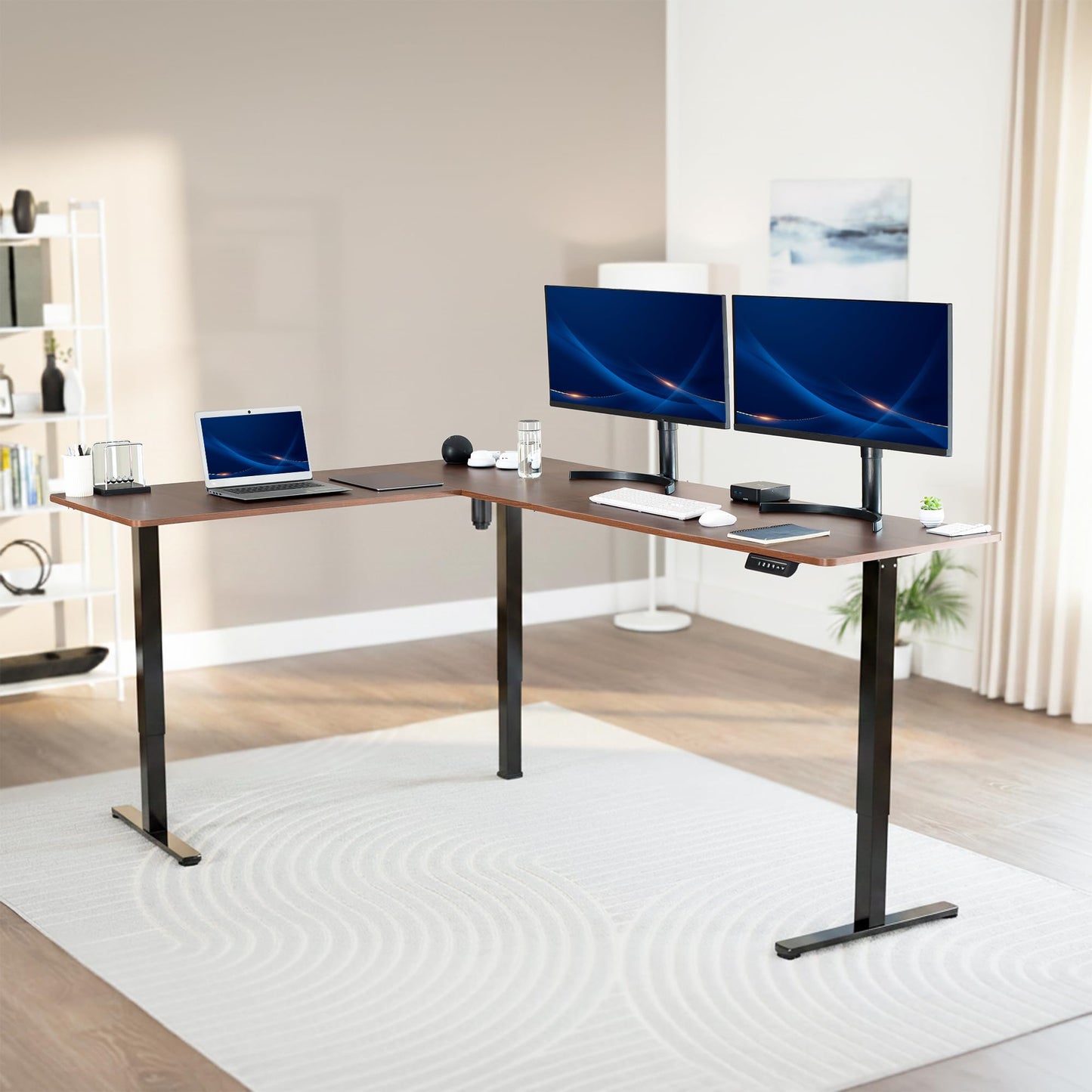 VIVO Corner Standing Desk, 84 x 63 inch Reversible L-Shaped Workstation, Electric Height Adjustment, Home, Office, and Reception Rooms, Dark Walnut Table Top Black Frame, DESK-E3CTBD-84
