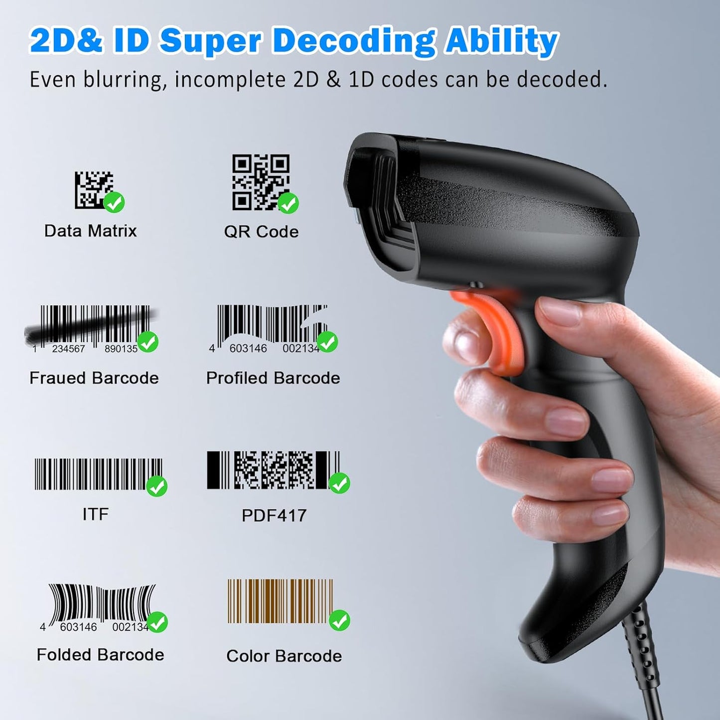 Symcode USB Barcode Scanner - Handheld Wired Scanner with Long USB Cable for Mobile Payments & Retail