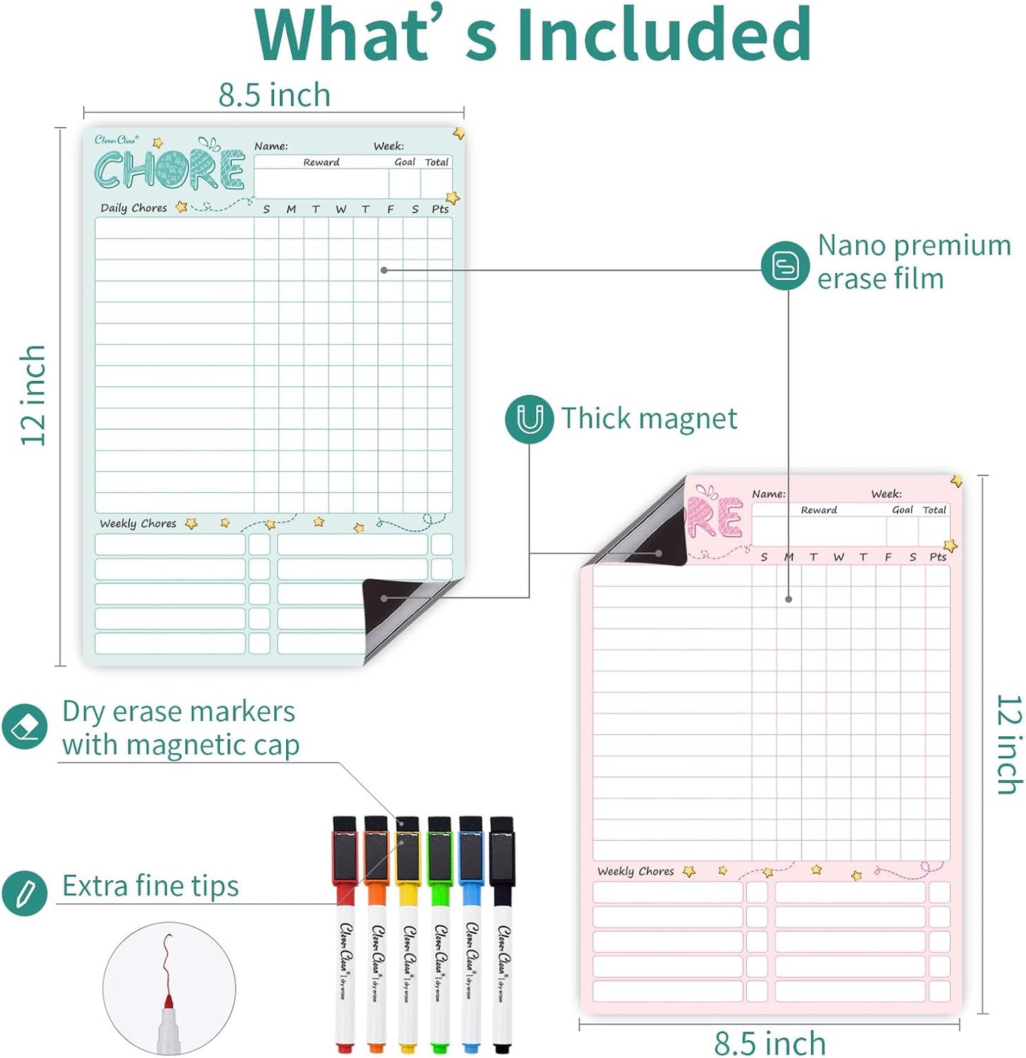 Skiennix Magnetic Dry Erase Chore Chart - 8.5"x12" Kids' Responsibility Board | Includes 6 Fine Point Markers - Blue & Pink