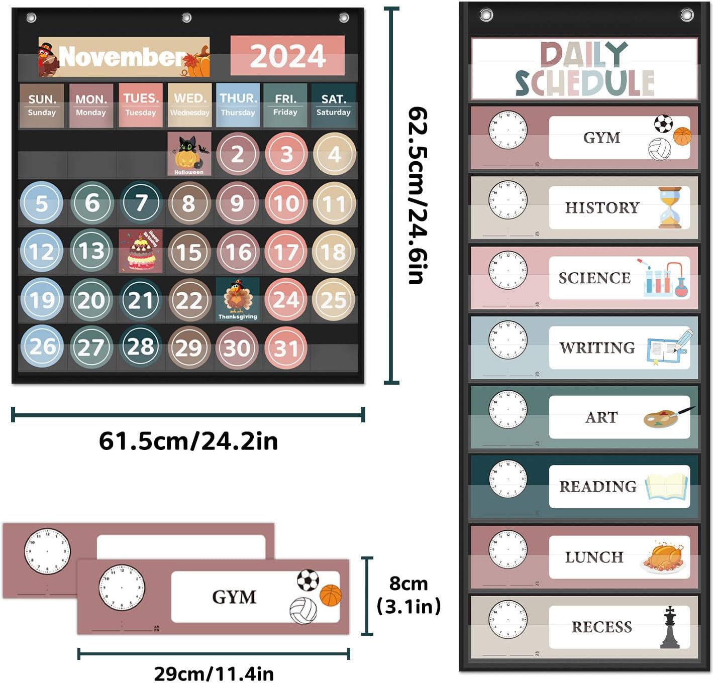 Skiennix Monthly Calendar Pocket Chart - Classroom Learning Tool with Days of the Week Cards | Black Design