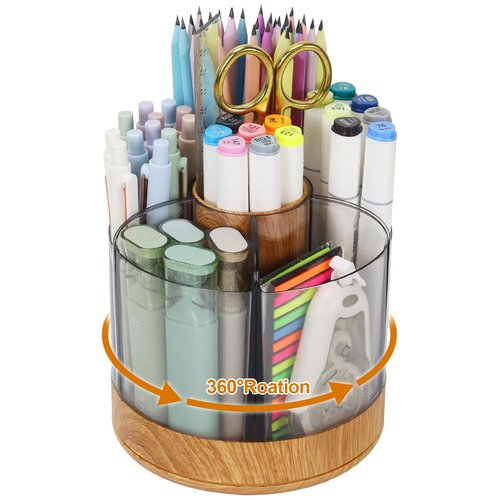 MultiBey Acrylic Desk Organizer, 360° Degree Rotating Pen Holder for Desk, 6 Compartment Pen Organizer Caddy Pencil Holder for Office, School, Art Supplies, Makeup Brushes (Log color)