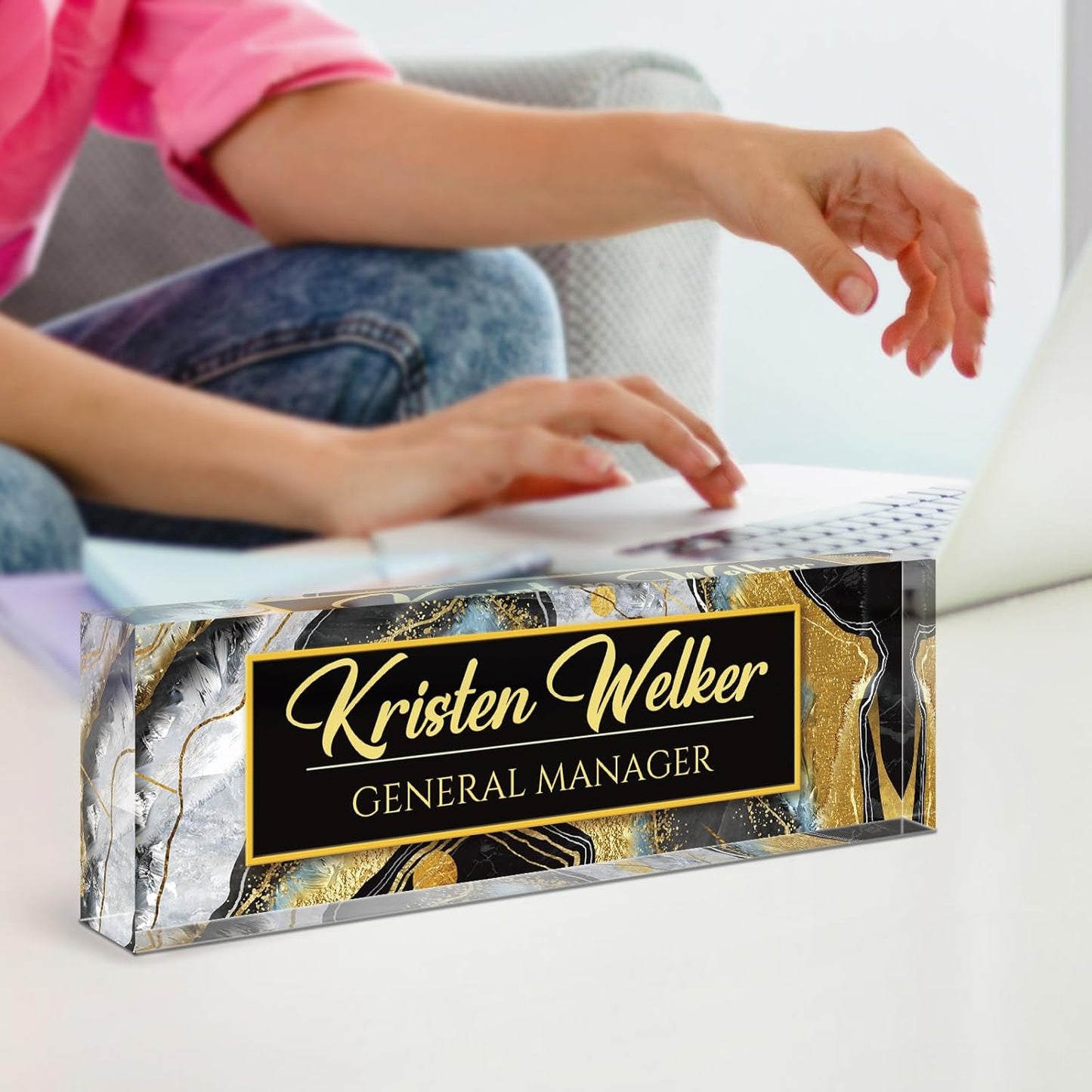 Skiennix Custom Name Plate - Personalized Acrylic Desk Decor for Office | Ideal Gift for Bosses & Professionals (Black)
