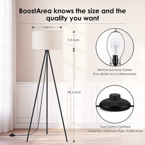 BoostArea Tripod Floor Lamp, 15W LED Bulb, 3 Levels Dimmable Brightness, Linen Shade, Mid Century Standing Lamp for Living Room, Bedroom, Study Room and Office