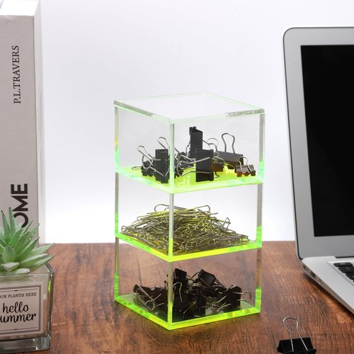 Acrylic Paper Clip Holder Stackable Paperclip Holders with Lid for Desk Small Office Supply Storage Boxes, Pack of 3, Neon Green