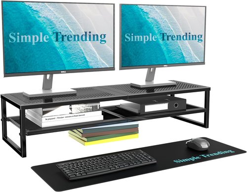 Simple Trending 2-Tier Metal Dual Monitor Stand - Includes 32"x10" Mouse Pad | Black Computer Desk Organizer