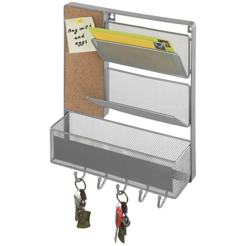 MyGift 16 x 12 Inch Wall Mounted Silver Tone Metal Office Organizer, Entryway Hanging 2 Slot Mail Sorter, Storage Bin Basket, Small Corkboard, and 5 Hook Key Holder