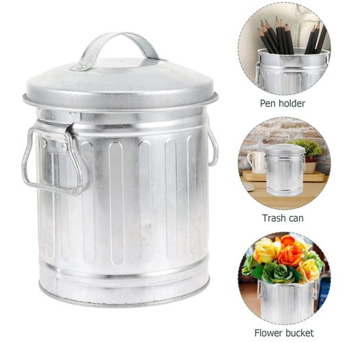 Cabilock Galvanized Trash Can Bucket with Lid Mini Desktop Wastebasket Rubbish Bin Garbage Waste Basket Vintage Farmhouse Metal Utility Pail Flower Pot Pen Pencil Holder