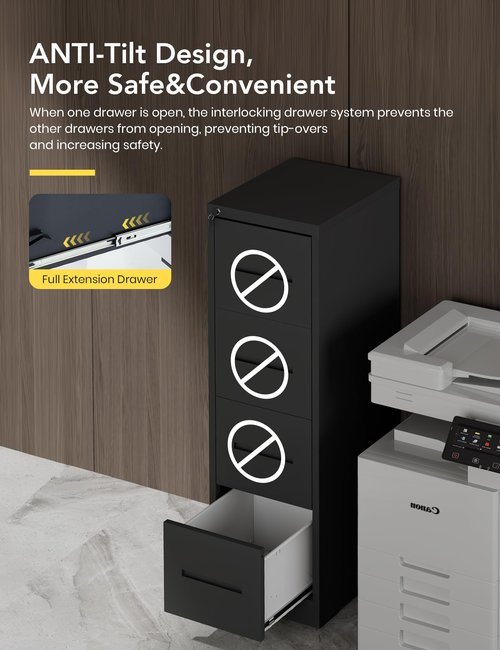 BUPPLEE 4 Drawer File Cabinet with Lock, Anti-Tip Metal Tall Filing Cabinet with Deep File Drawer,Vertical Modern White for Home Office,Steel Storage Cabinet Fit Letter/Legal/A4 Size Files