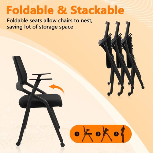 CLATINA Stackable Foldable Conference Room Chairs with Wheels, Portable Padded Office Desk Chair with Lumbar Support and Armrest for Training Room, Guest, Reception, Event, Black (1pk)