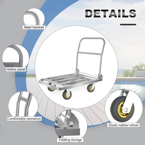 Uholan Fold Platform Truck 660lbs Stainless Steel Square Tube Cart 35.43in x 23.62in Flat Dolly 6in Elastic Rubber Wheel Used for Warehouse Transport Groceries Heavy-Duty Utility Hand Truck