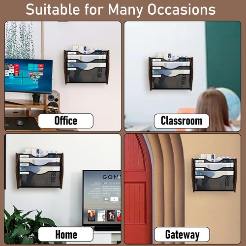 Senhoglb Mesh Hanging Wall File Organizer, 3-Tier File Holder Wall Mounted Magazine Rack With Pockets Wood Document Storage Mail Organizer for Office Home, Antique Brown