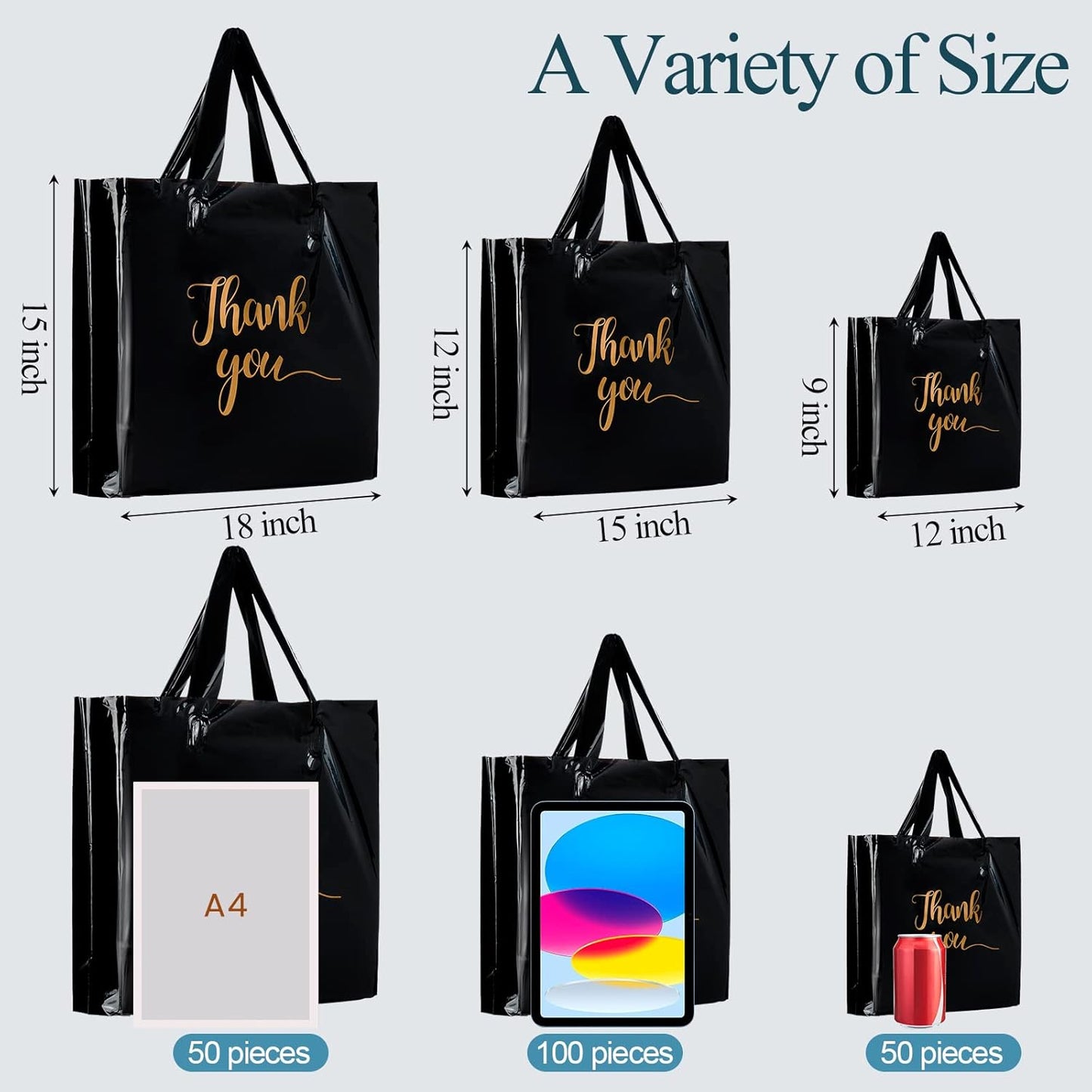 Teling Thank You Merchandise Bags - 200 Pcs Bulk with Handles | 3 Sizes: 9x12'', 12x15'', 15x18'' (Black)